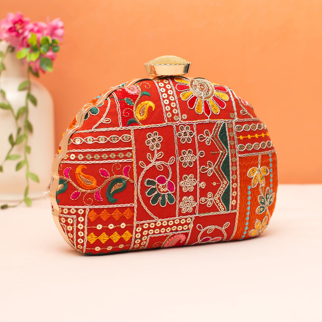 Artklim Red Sequins Embroidery D- Shape  Clutch