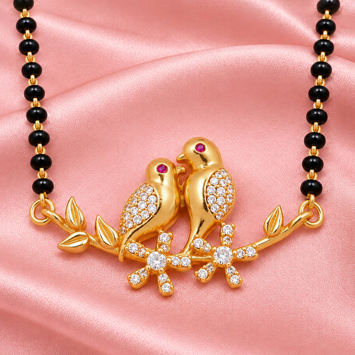 Artklim Royal Twin Peacock Design Gold-Plated CZ Mangalsutra with Black Beads