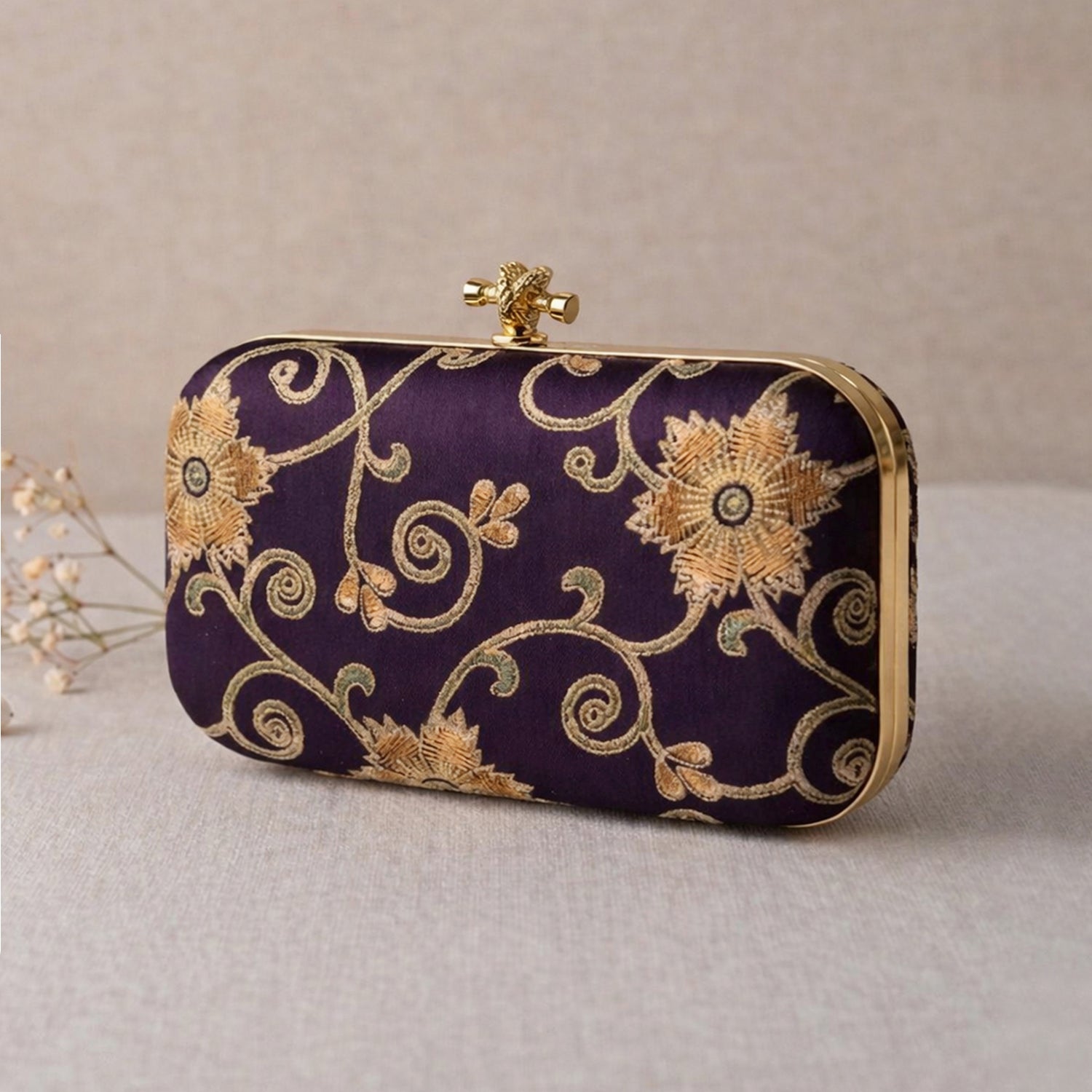 Artklim Royal Purple Floral Embroidered Clutch