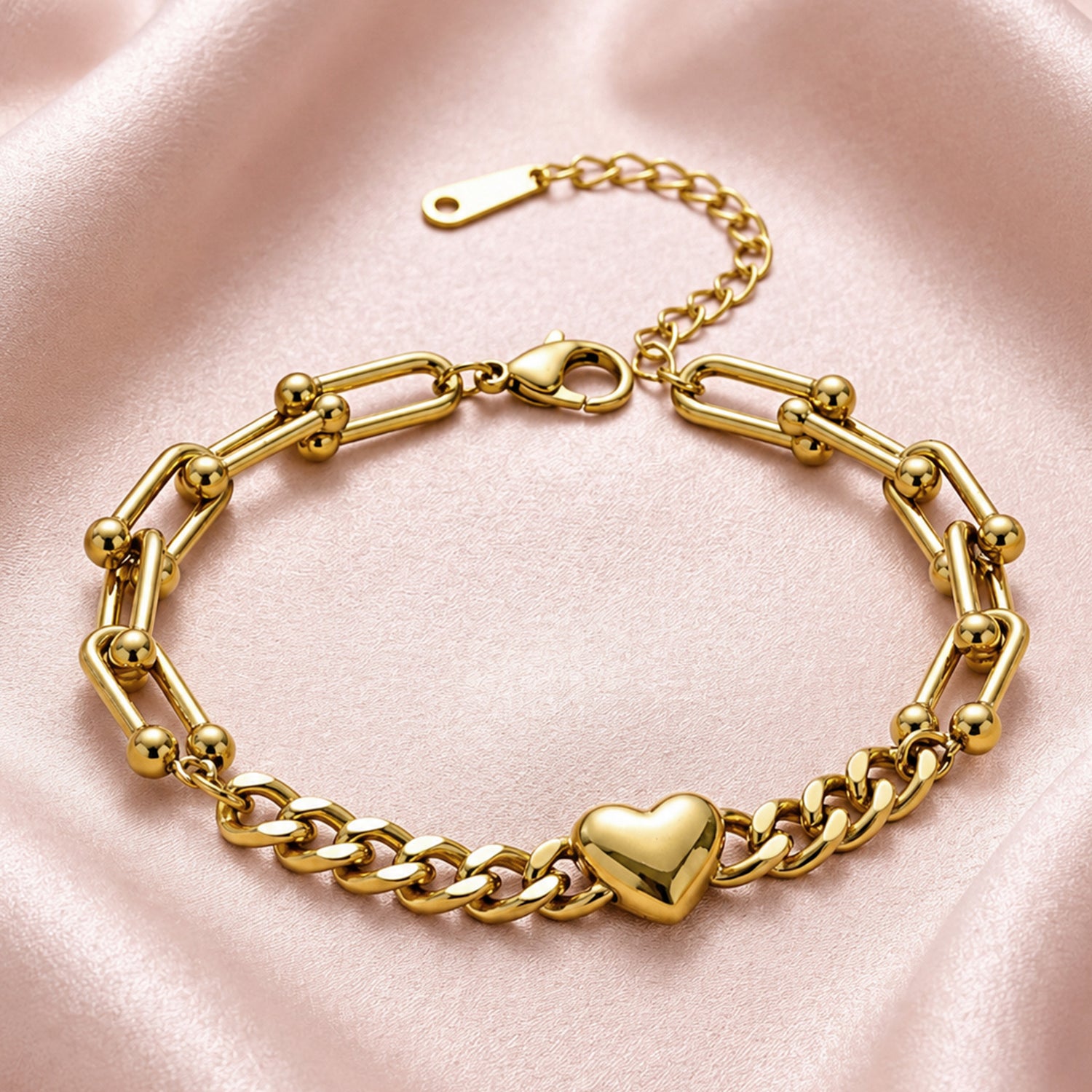 Artklim Golden Heart Link Chain Statement Gold-Tone Anti-Tarnish Bracelet