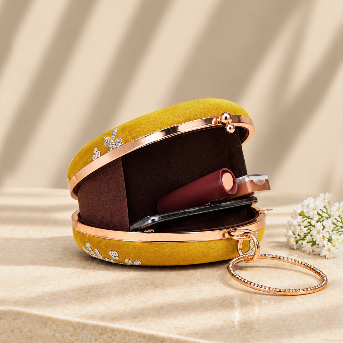 Artklim Elegant Mustard Gold Embroidery Round Clutch Bag with Golden Crystal Ring Handle