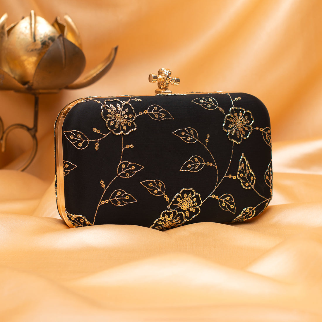 Artklim Royal Midnight Gold Sequin Blossom Clutch