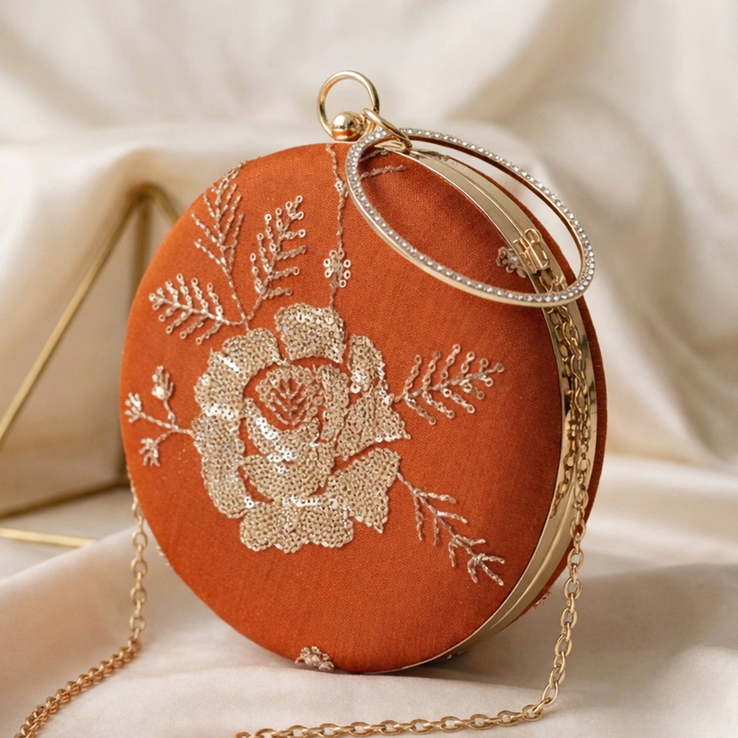 Artklim Burnt Orange Floral Embroidered Round Clutch