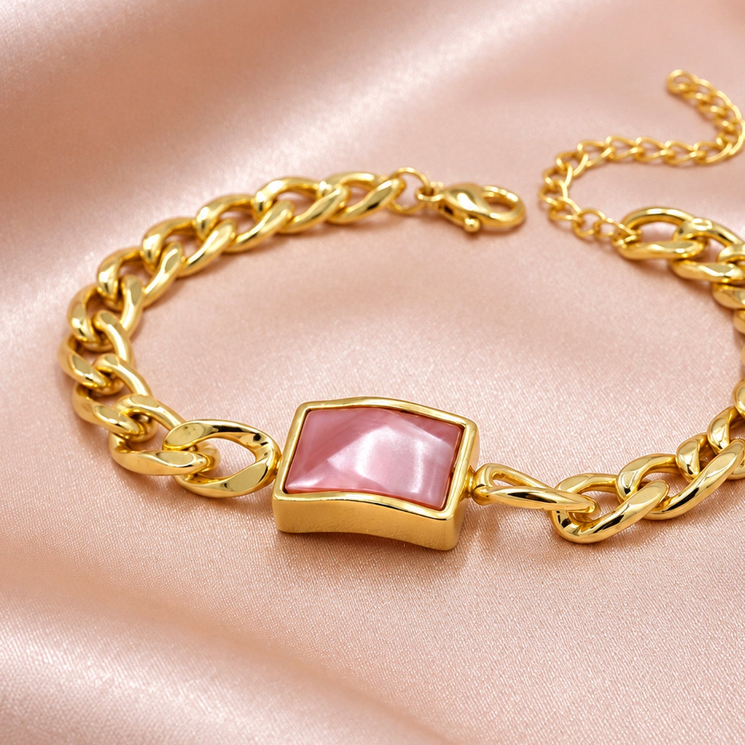 Artklim Pink Mother of Pearl Rectangle Gold Bracelet Anti-Tarnish Bracelet