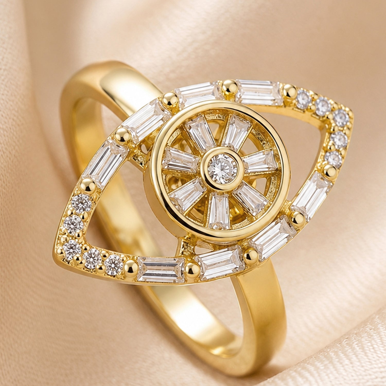 Artklim Gold Sparkling Eye Revolving Crystal Adjustable Anti-Tarnish Copper Ring