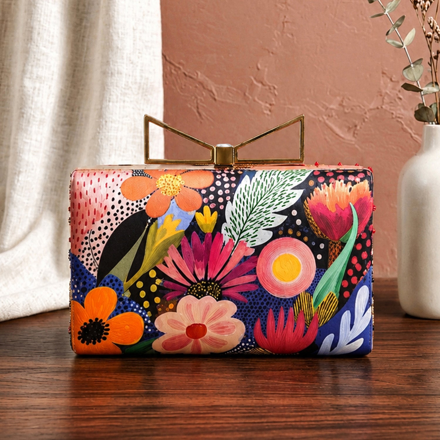 Artklim Printed Multicolor Abstract Floral Designer Clutch with Hand Embroidery