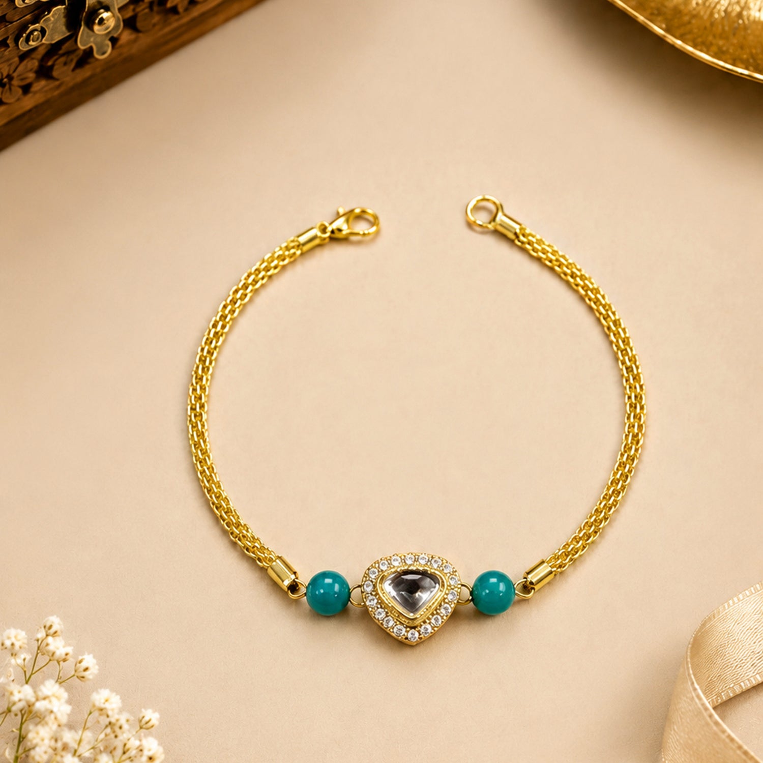 Artklim Gold-Plated Teardrop Kundan Bhaiya bhabhi Rakhi Set