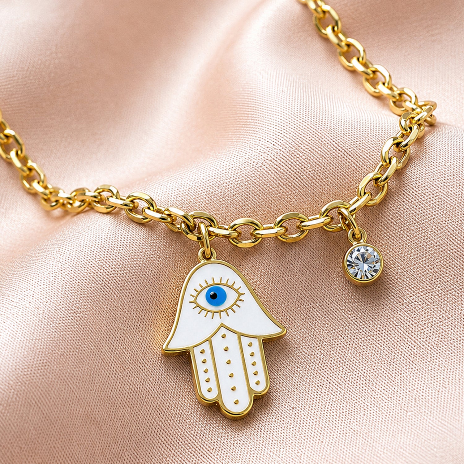Artklim Hamsa Evil Eye Crystal Charm Gold-Tone Anti-Tarnish Bracelet