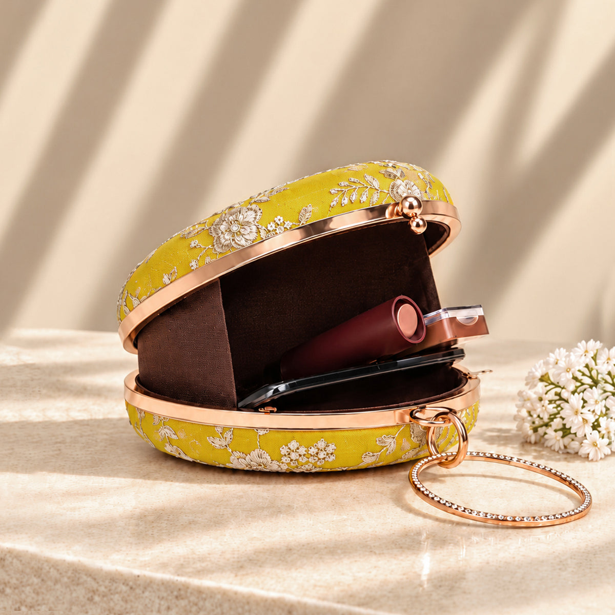 Artklim Elegant Mustard Yellow Floral Embroidered Round Clutch Bag with Golden Crystal Ring Handle