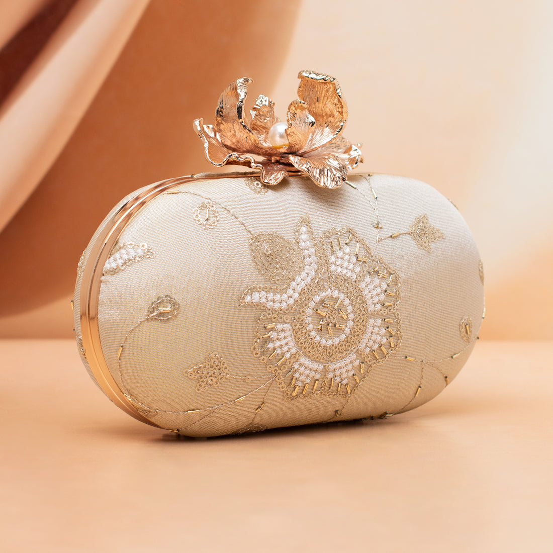 Artklim Golden Floral Embroidered Embroidered Clutch