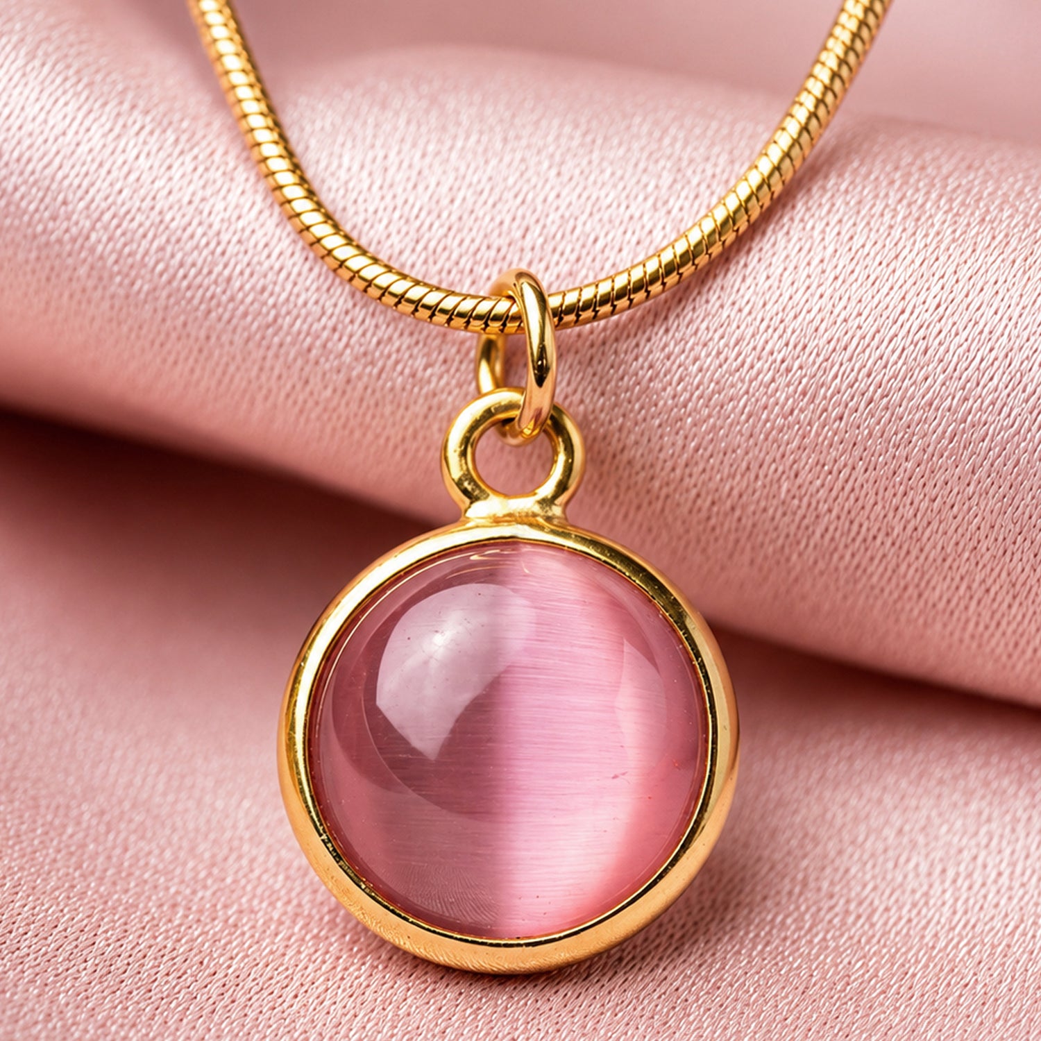 Artklim Rose Quartz Round Gem Anti-Tarnish Pendant Necklace