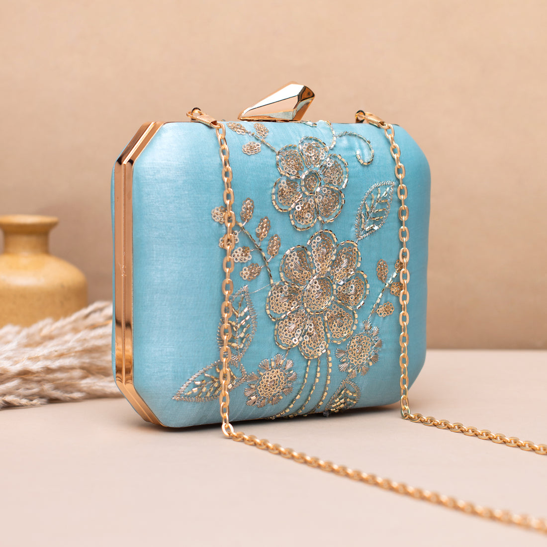 Artklim Elegant Sky Blue Gold Thread Embroidered Clutch