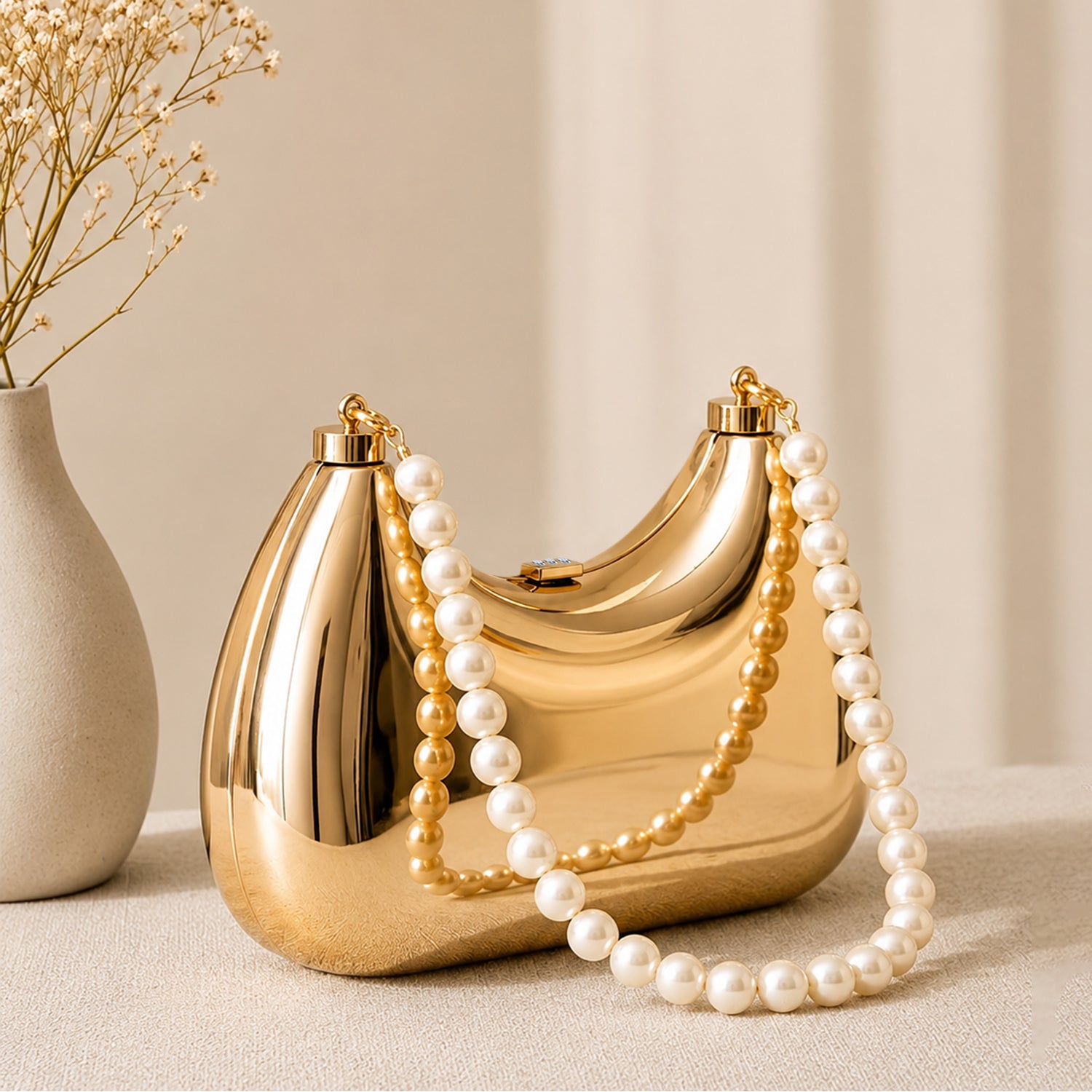 Artklim Gold Metallic Clutch Bag with Pearl Handle for Women