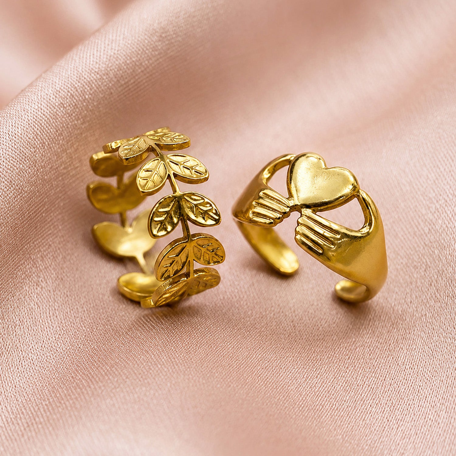 Artklim Leaf & Heart Embrace Pair Ring Set Adjustable Anti-Tarnish Ring
