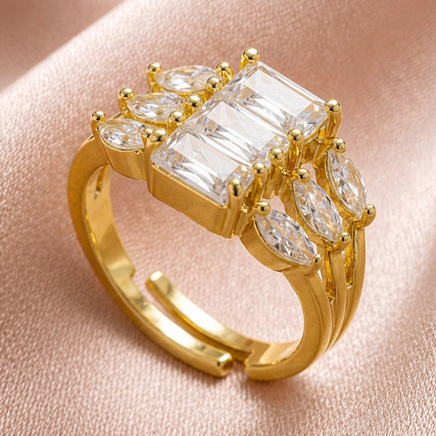 Artklim Royal Emerald Cut Crystal Statement Gold Anti-Tarnish Ring
