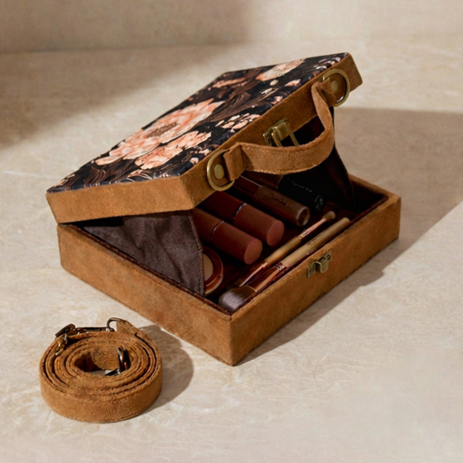 Artklim Black Floral Print Suitcase Style Clutch Bag