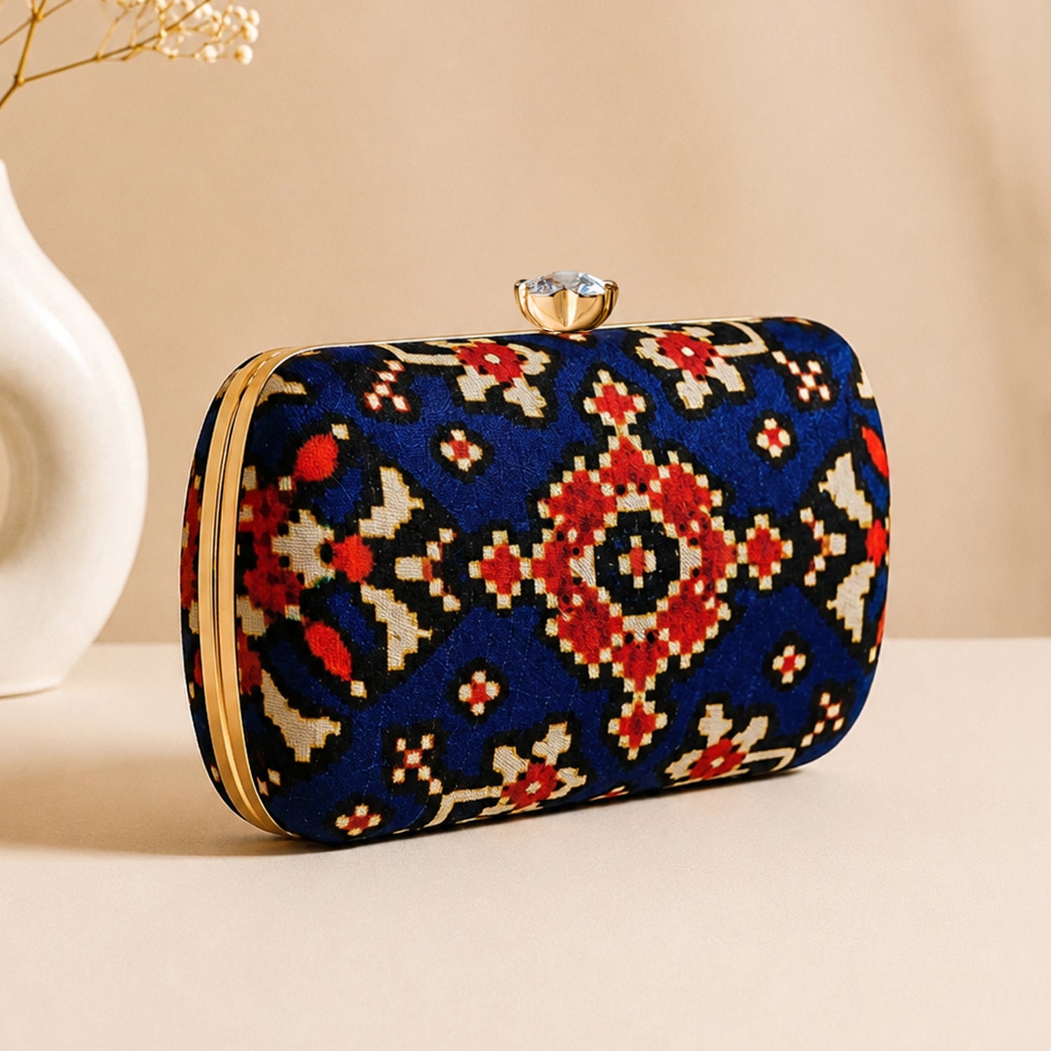 Artklim Royal Blue Red Ethnic Geometric Pattern Printed Clutch