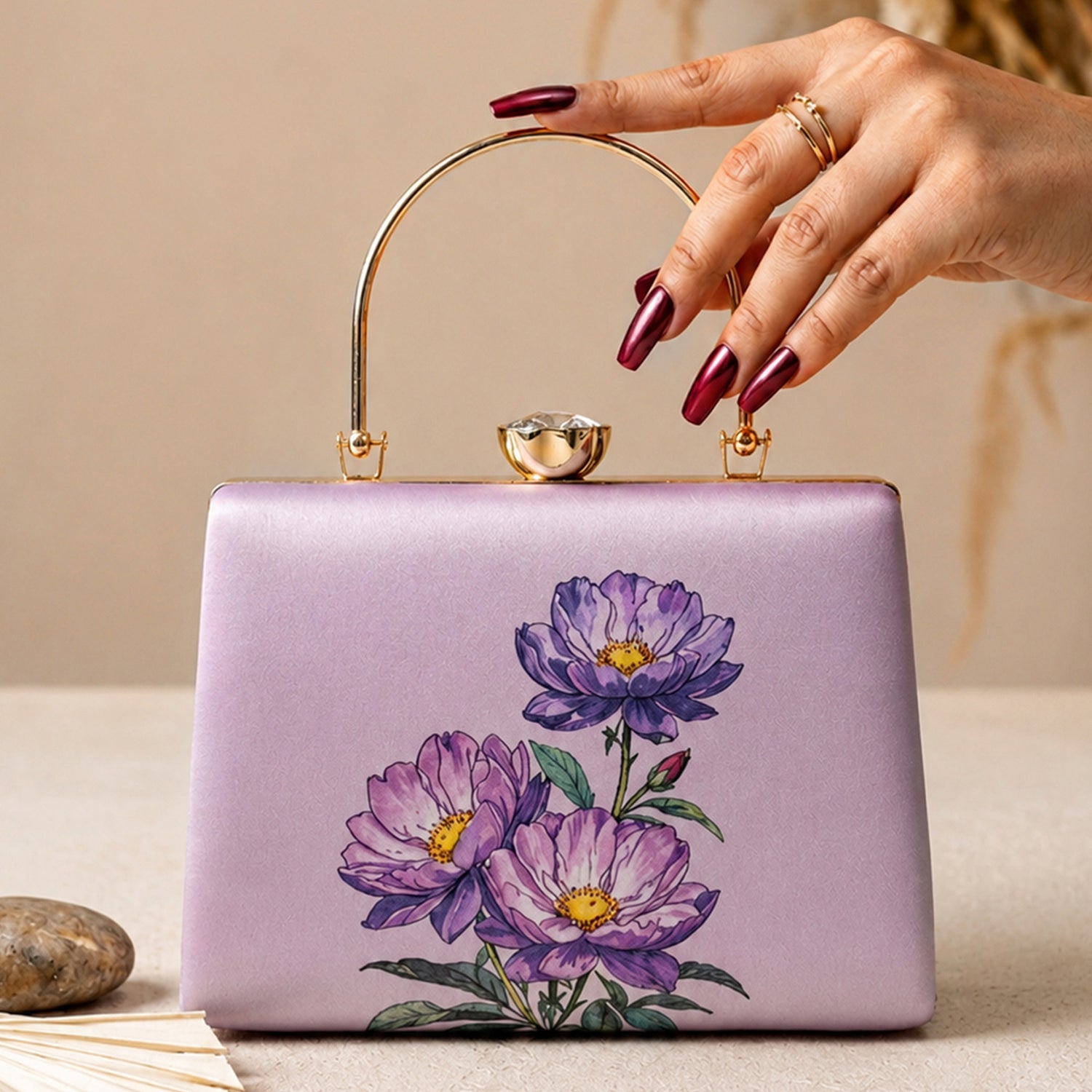 Artklim Lavender Floral Embroidered Clutch Bag
