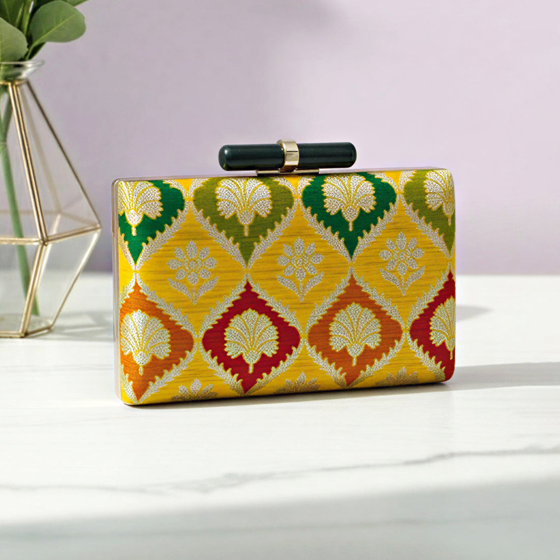 Artklim Yellow Multicolour Ethnic Embroidered Clutch