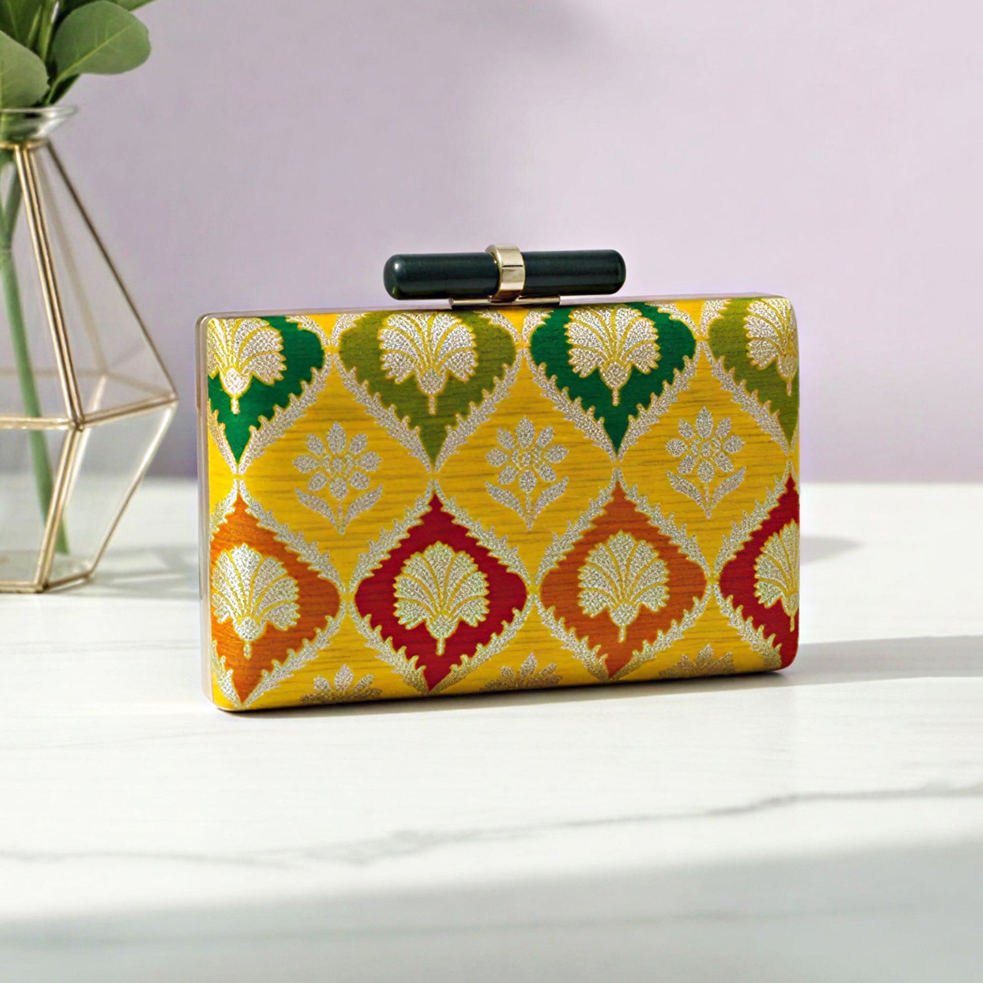 Artklim Yellow Multicolour Ethnic Embroidered Clutch