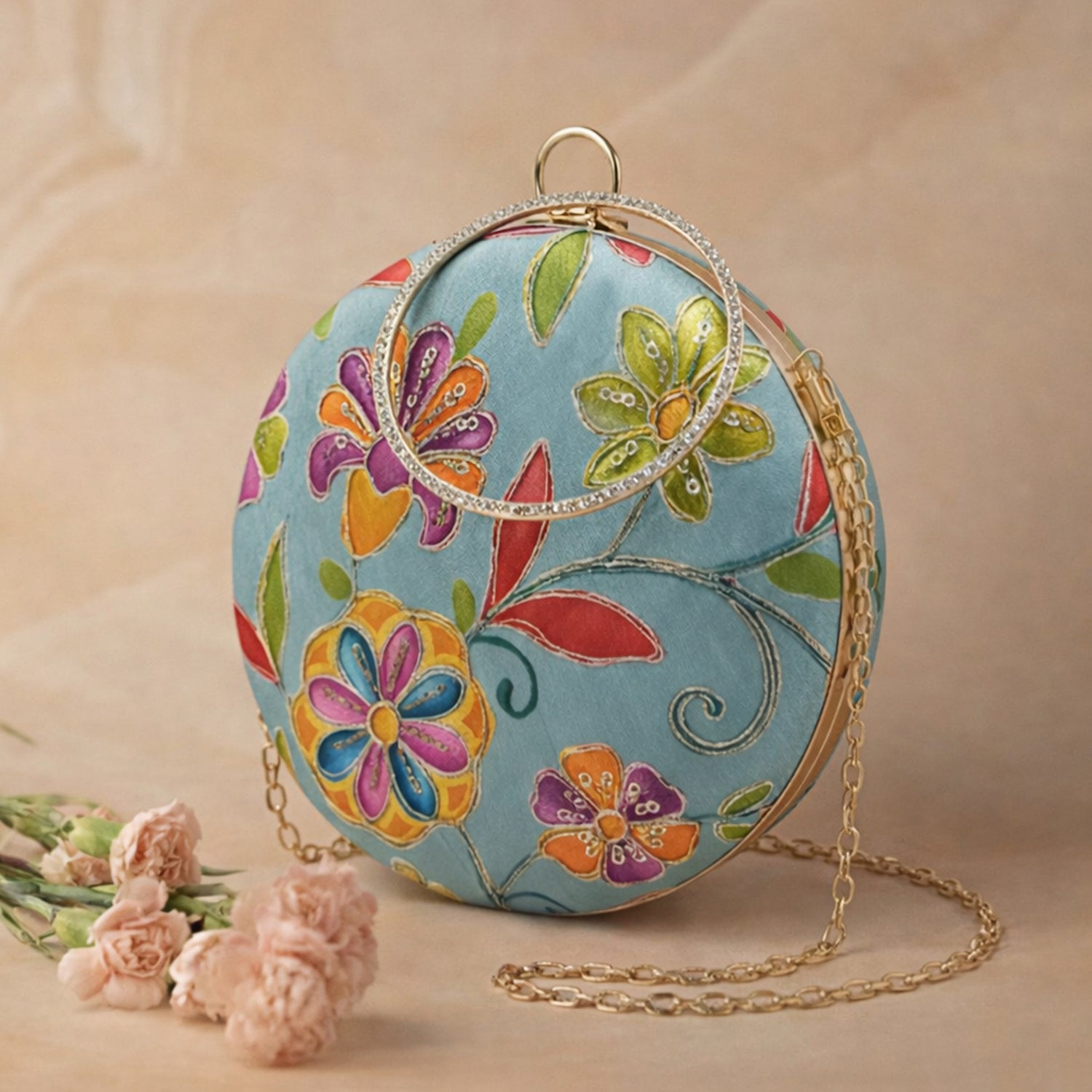 Artklim Blue Floral Round Embroidered Clutch