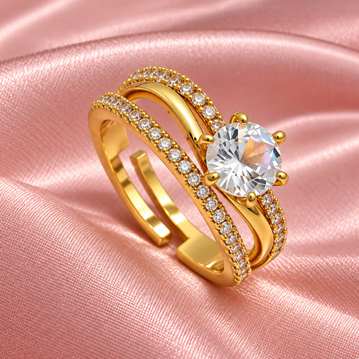 Artklim Chic Round-Cut Crystal Gold-Tone Anti-Tarnish Ring