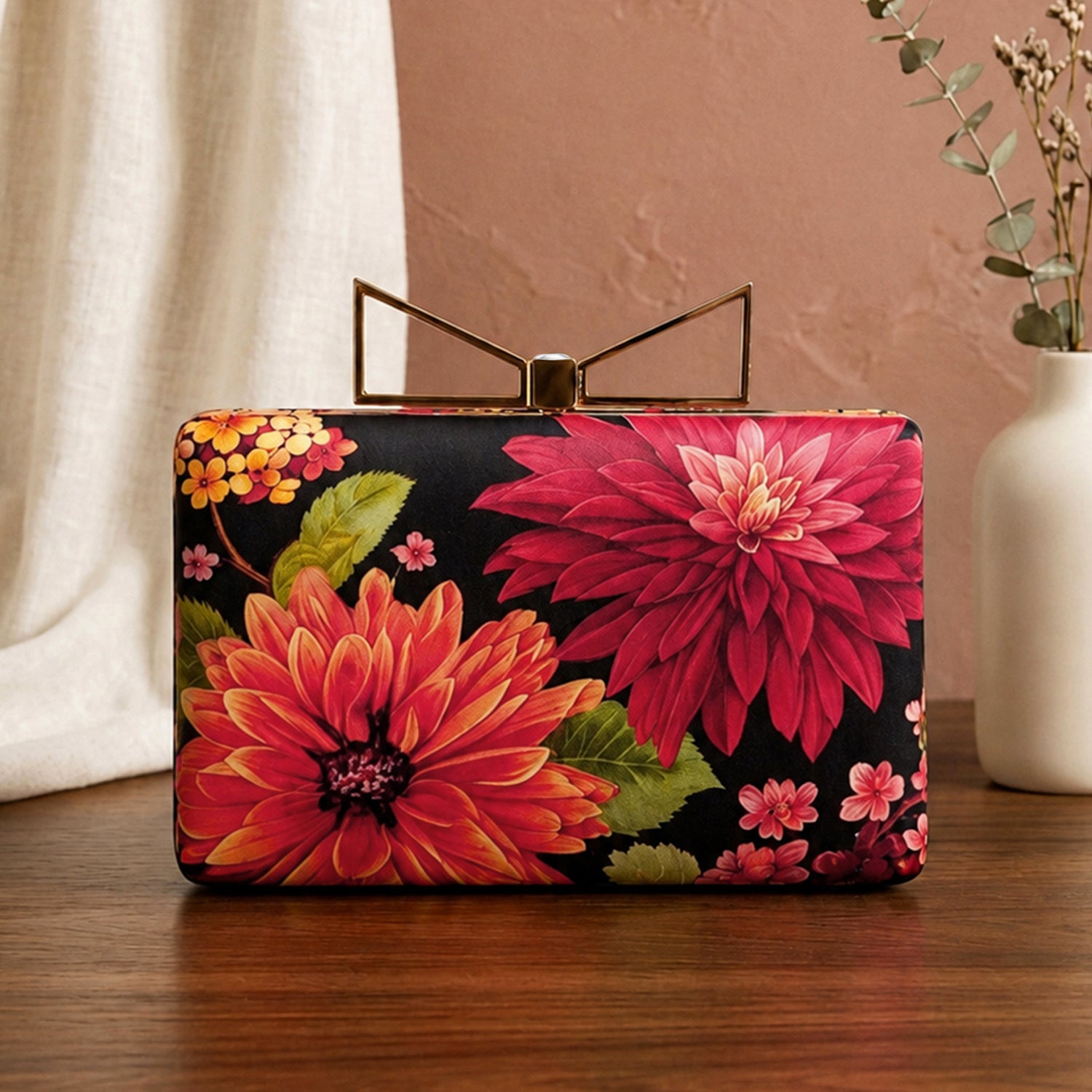 Artklim Printed Black Floral Designer Clutch with Hand Embroidery