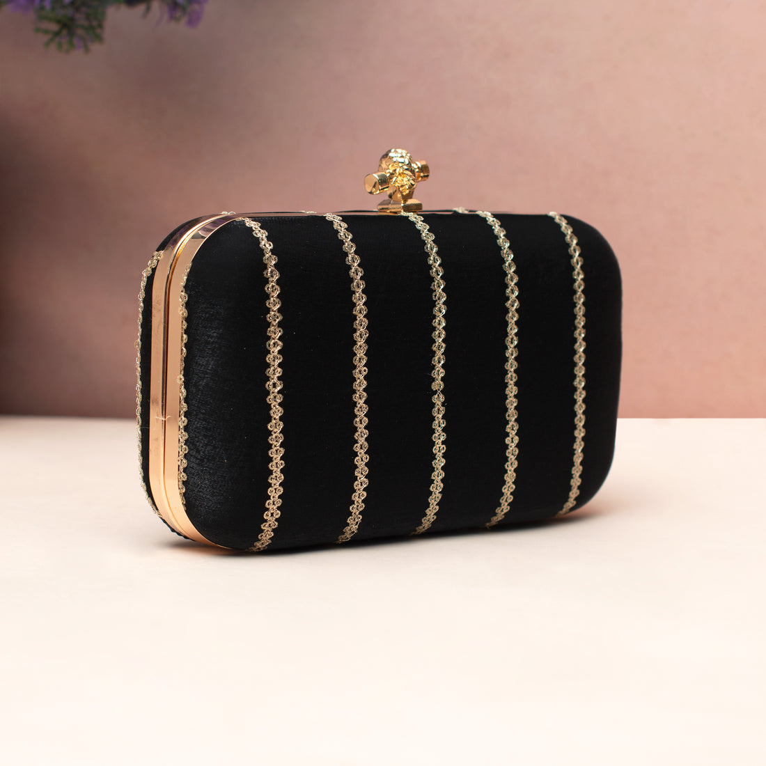 Artklim Midnight Black Gold-Striped Embroidered Clutch