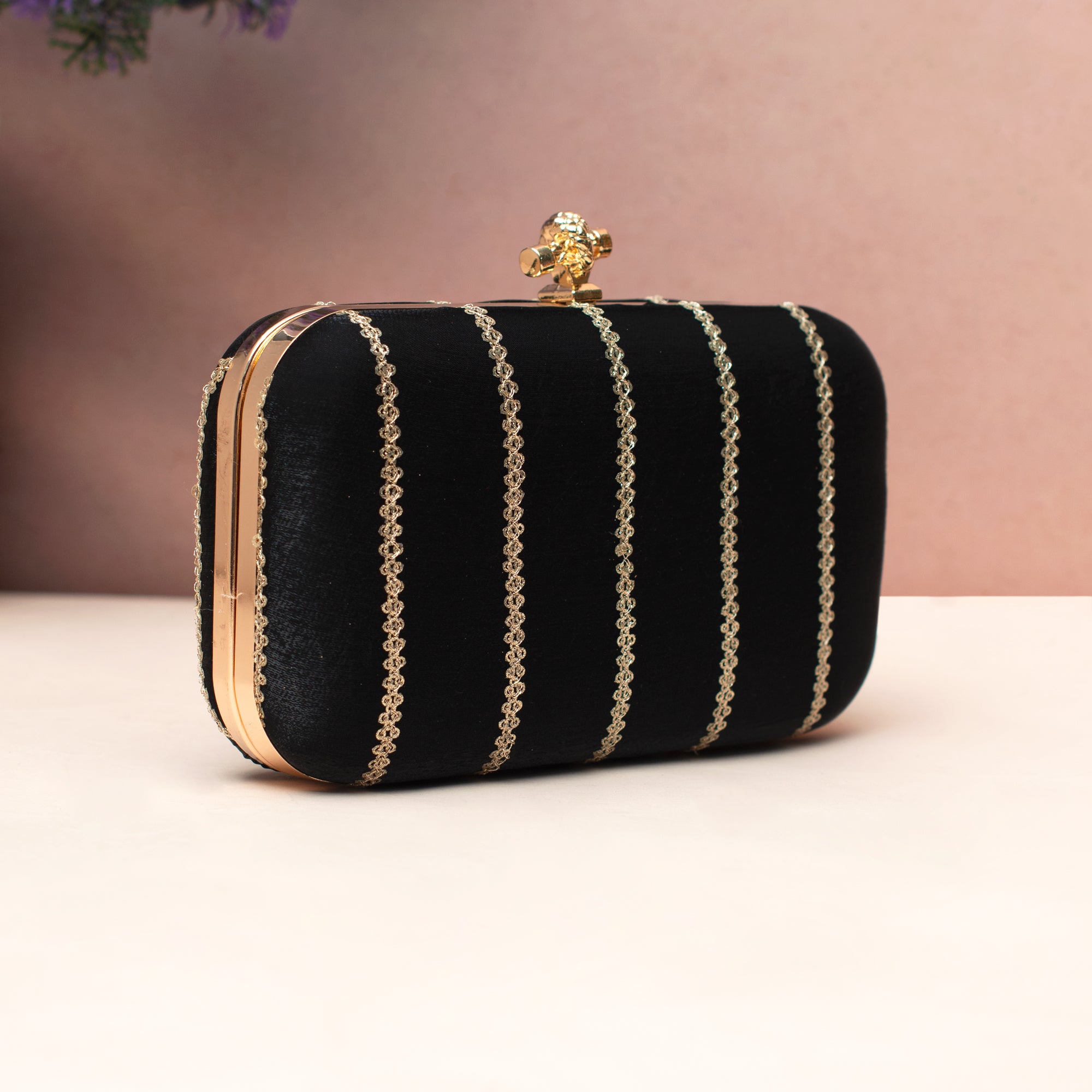 Artklim Midnight Black Gold-Striped Embroidered Clutch