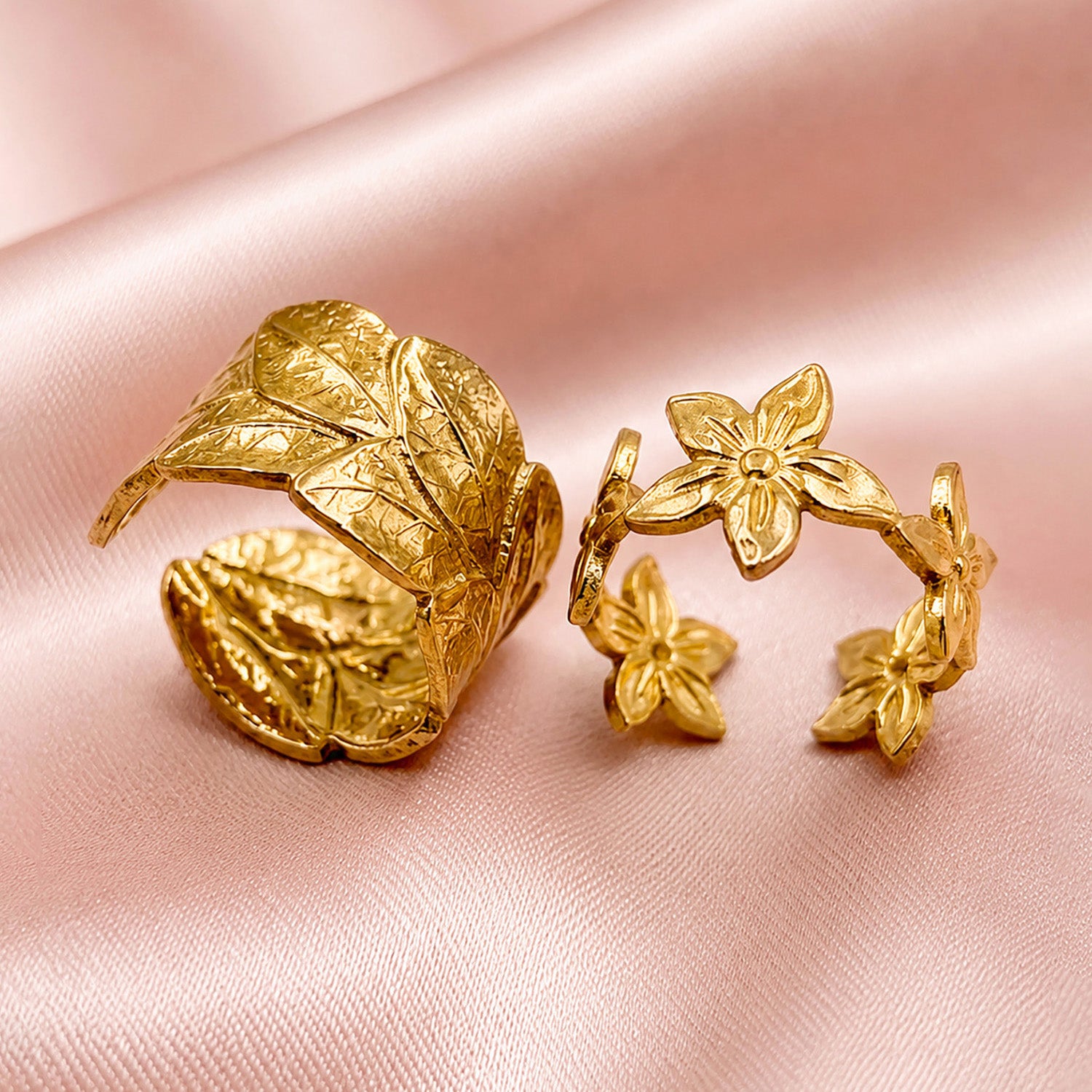 Artklim Golden Leaf & Floral Pair Ring Set Adjustable Anti-Tarnish Ring