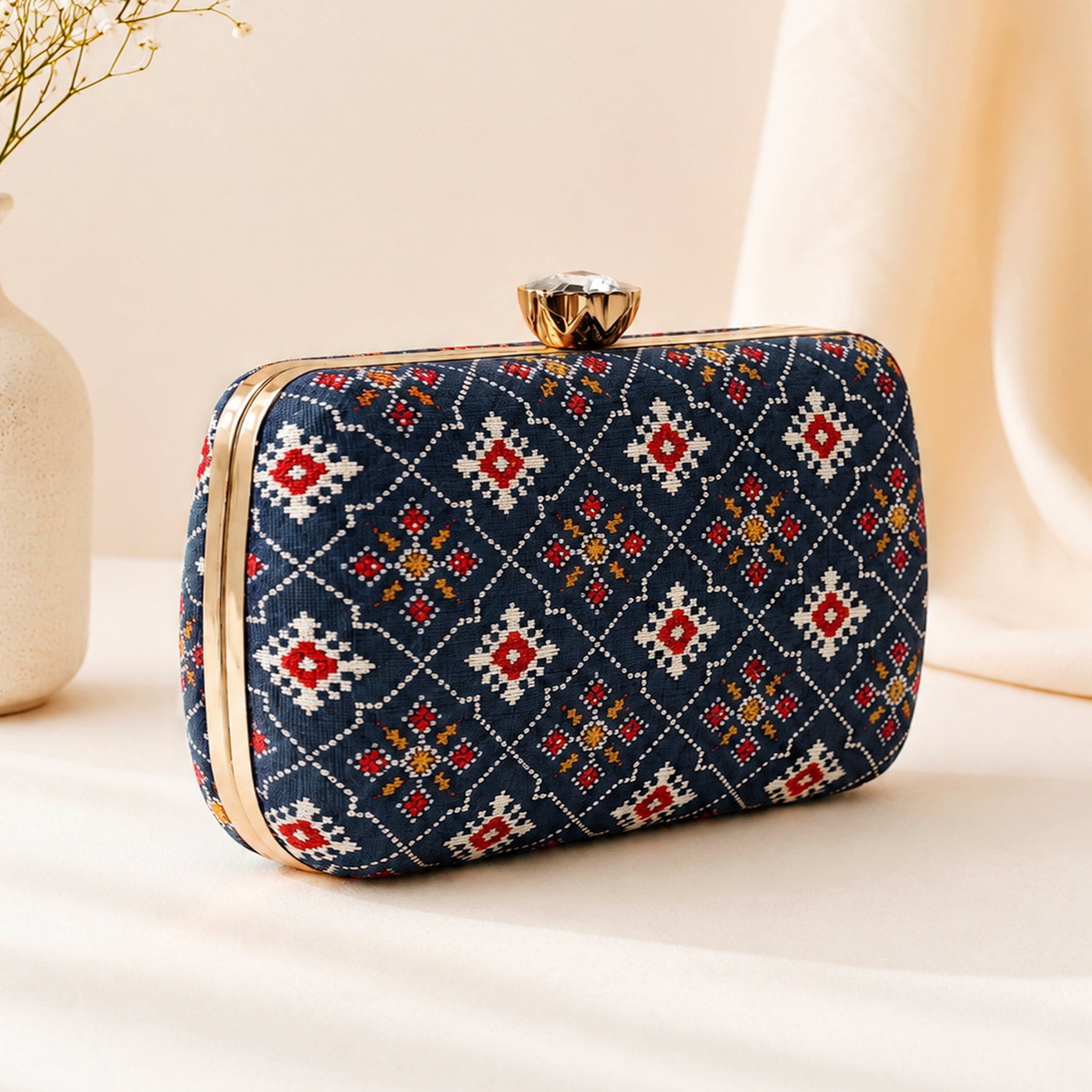 Artklim Navy Blue Ethnic Floral Pattern Chain Strap Printed Clutch
