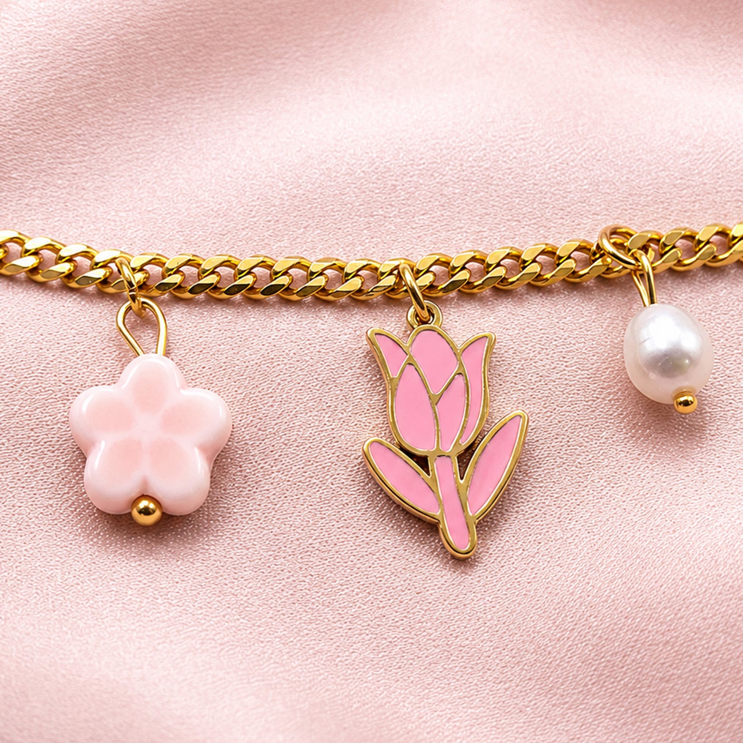 Artklim Pink Butterfly Bloom Charm Gold-Tone Anti-Tarnish Bracelet