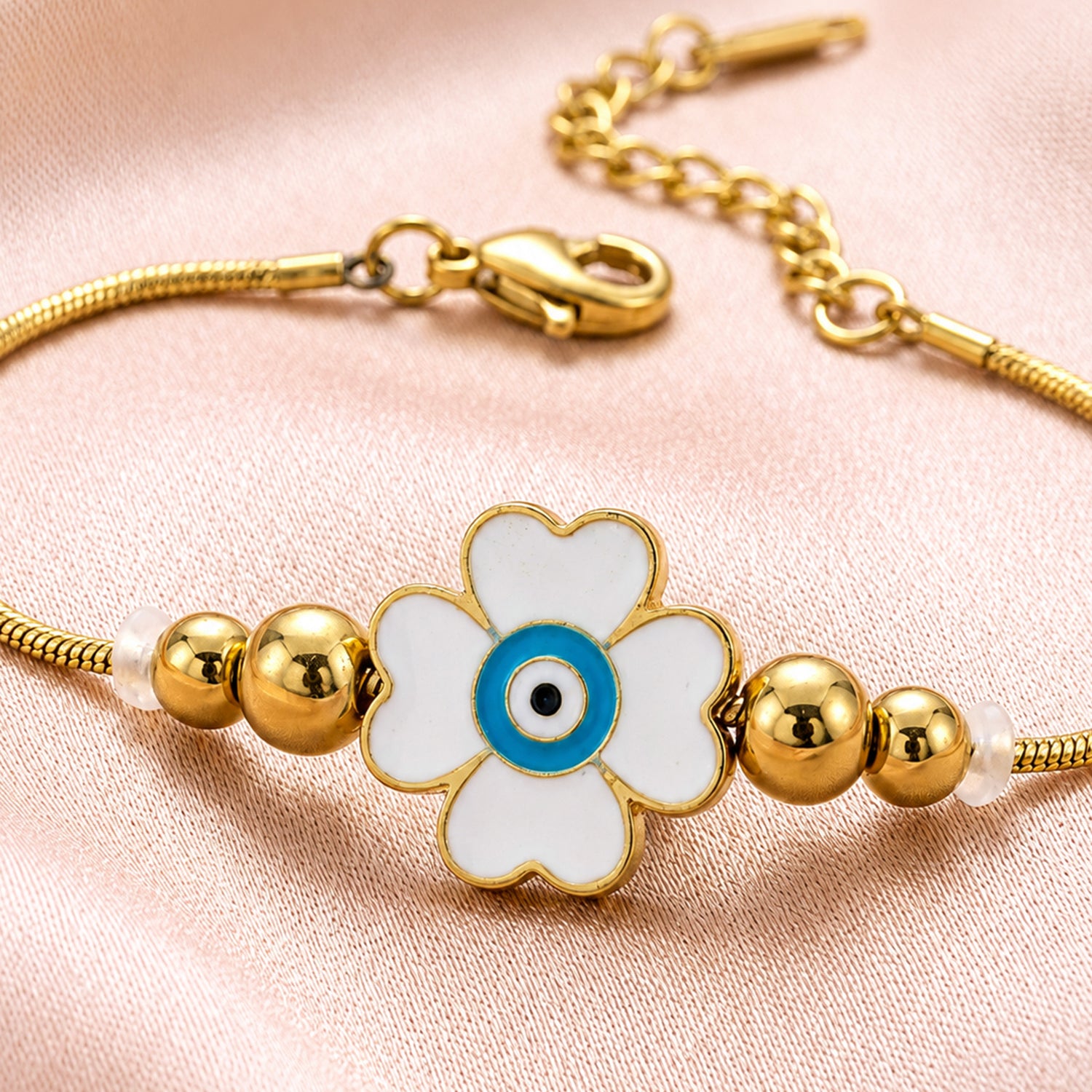 Artklim White Evil Eye Flower Gold-Tone Anti-Tarnish Bracelet