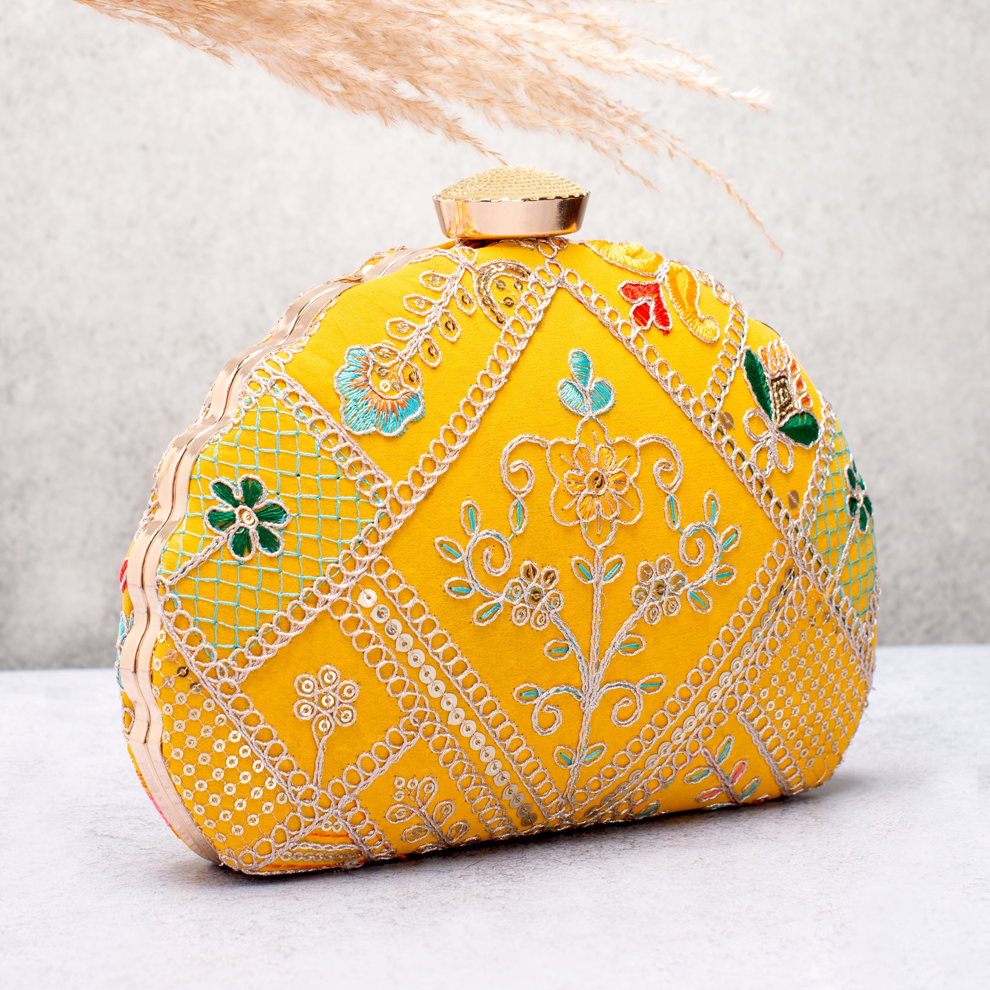 Artklim Yellow Based Multicolored Threadwork Embroidery Clutch
