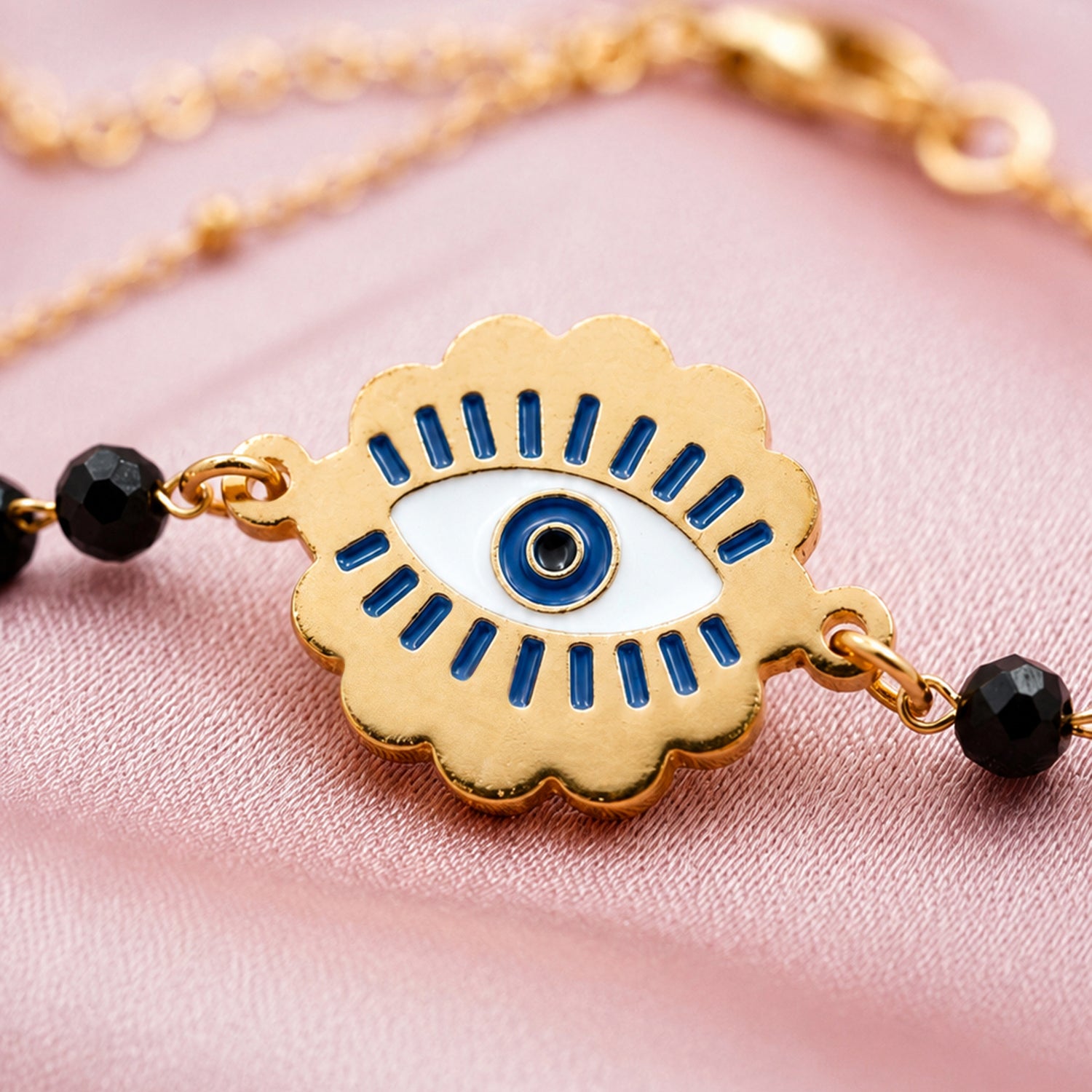 Artklim Black Beaded Floral Evil Eye Gold Bracelet Anti-Tarnish Bracelet