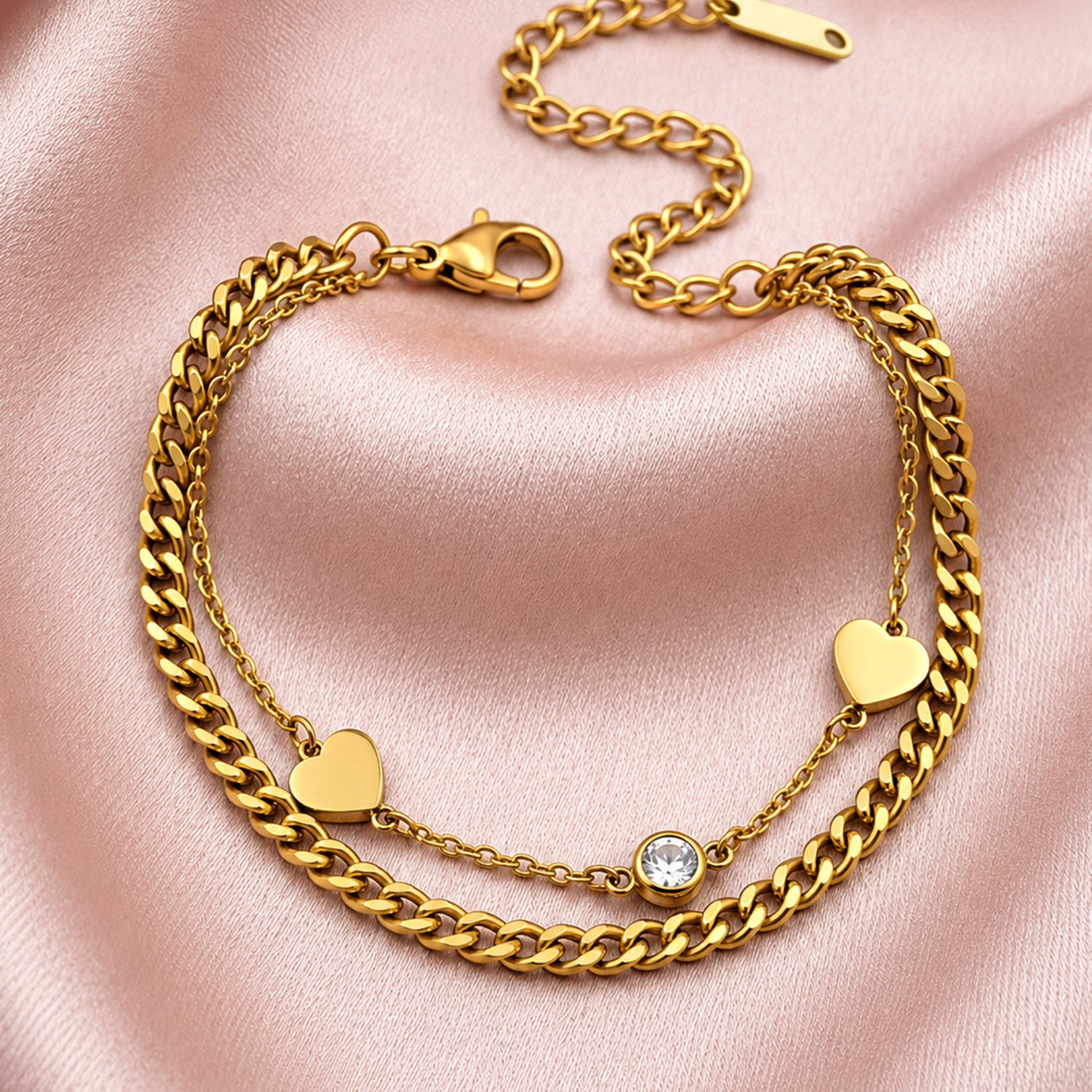 Artklim Double Layer Heart Chain Crystal Anti-Tarnish Bracelet