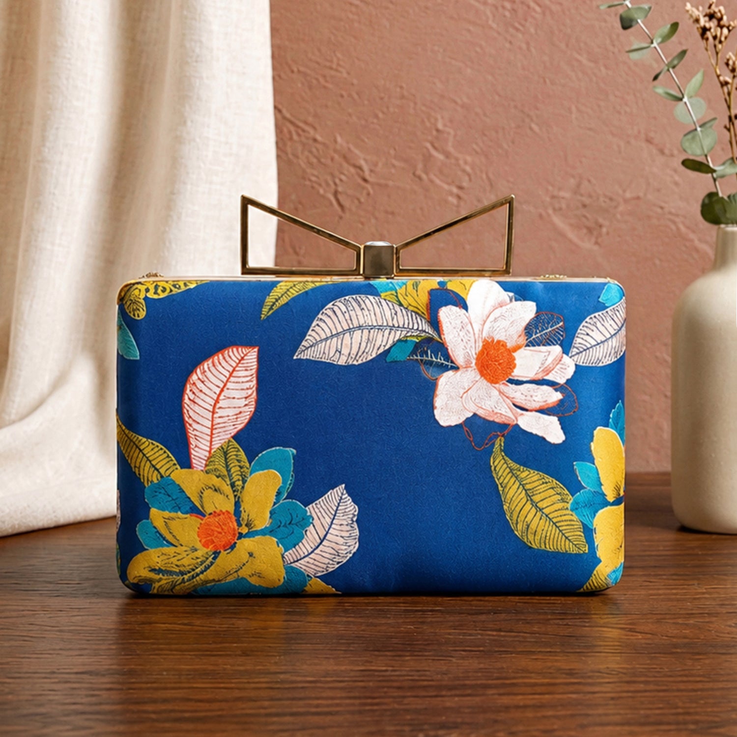 Artklim Printed Royal Blue Multicolor Floral Designer Clutch with Hand Embroidery