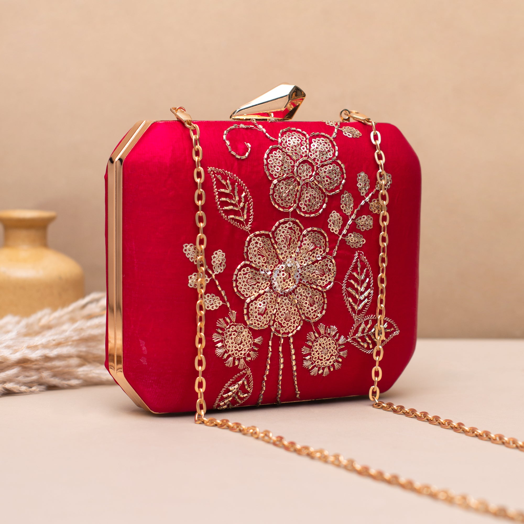 Artklim Elegant Gold Thread Floral Embroidered Clutch