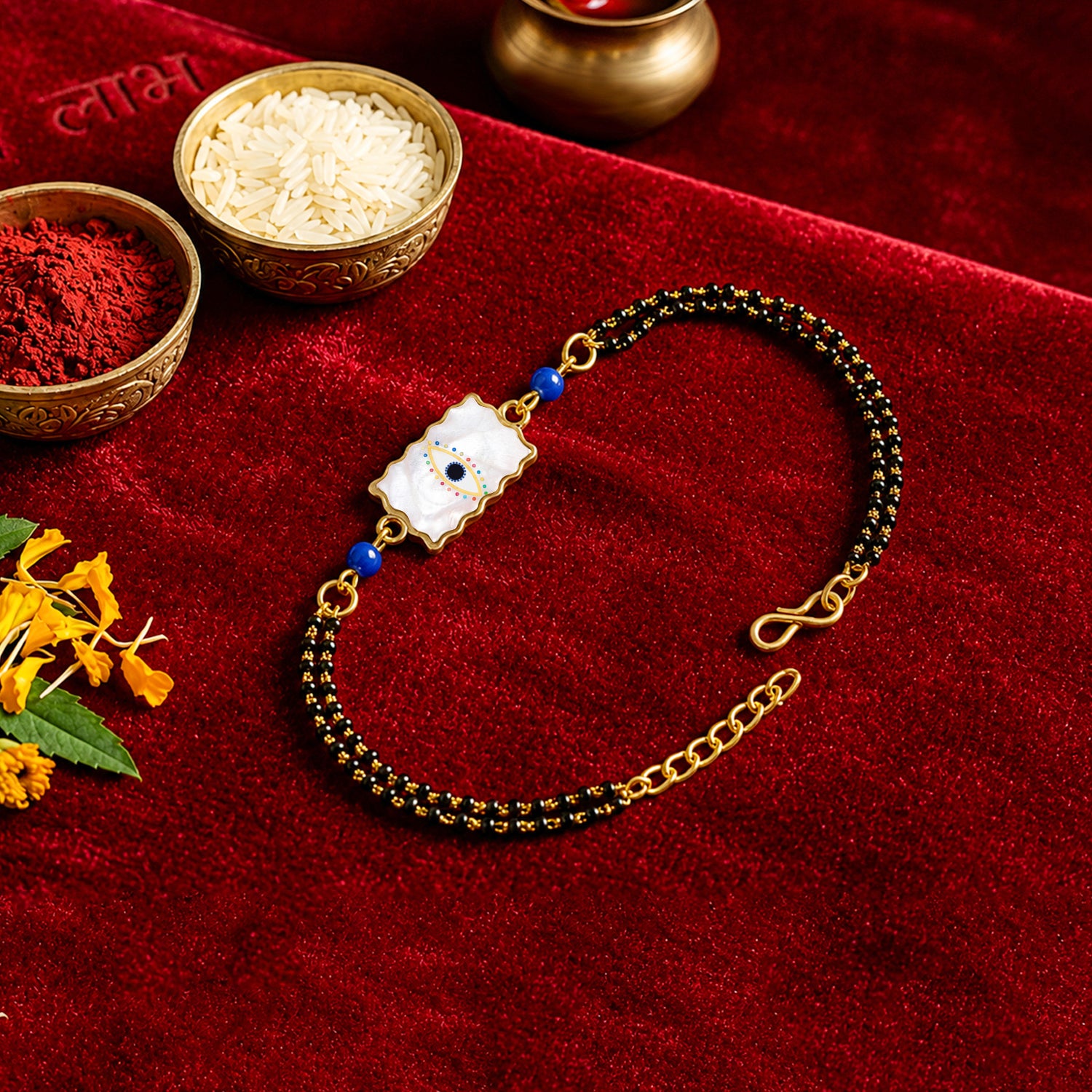 Artklim Elegant Minimal Evil Eye Bhaiya Bhabhi Rakhi Set with Pearl Tassels