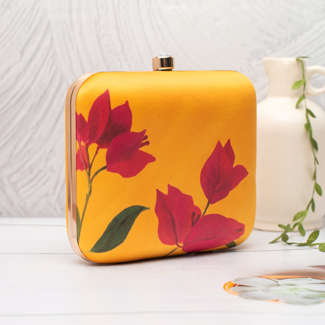 Artklim Yellow with Red Floral Art Printed Clutch