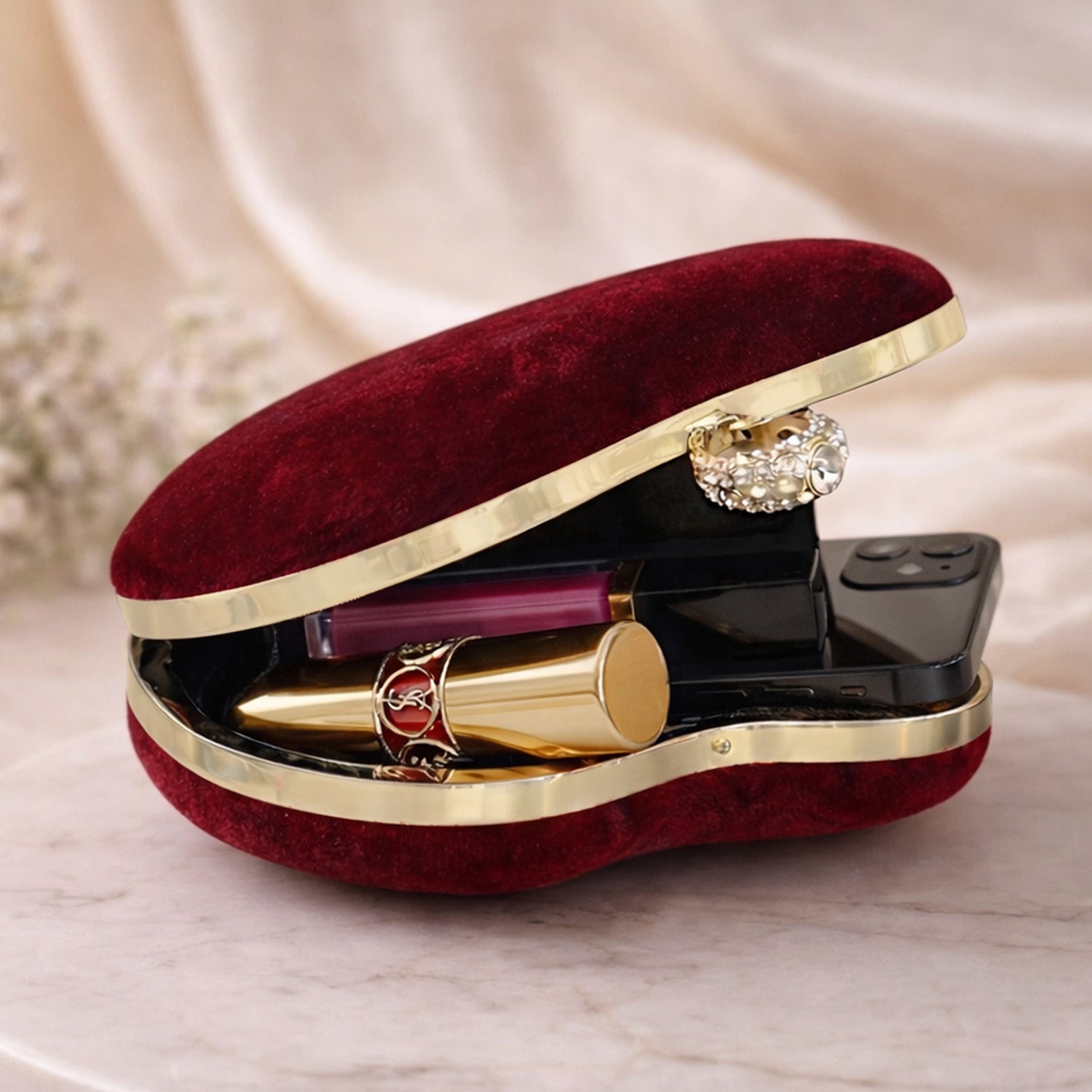 Artklim Maroon Heart-Shaped Velvet Name Customized Clutch