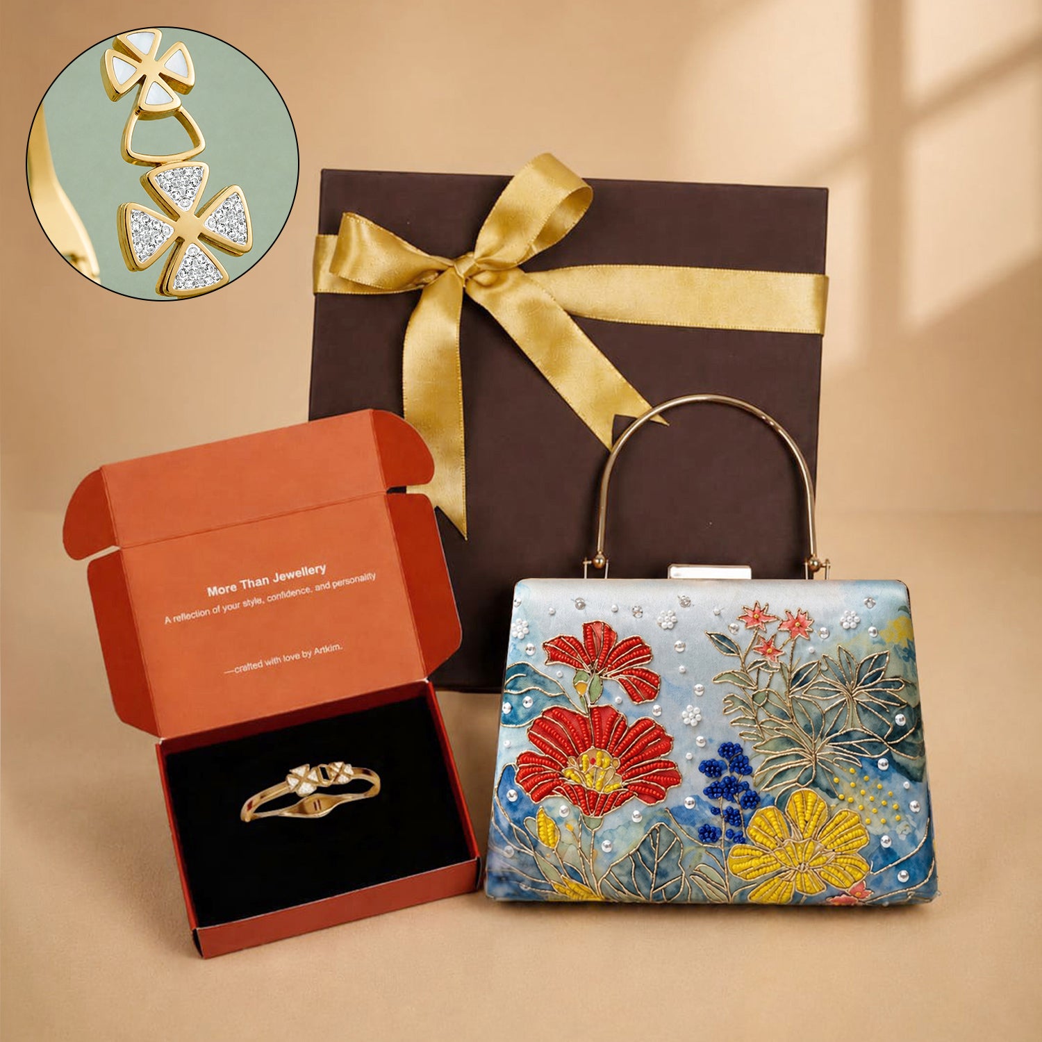 Artklim Floral Elegance Set: Embroidered Blue Clutch & Bow Charms Bracelet