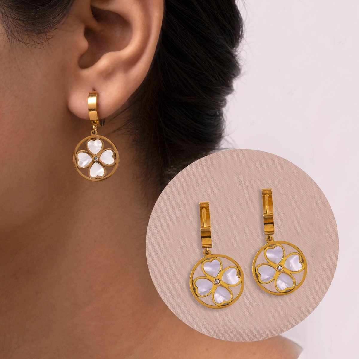 Artklim Clover Leaf Gold Plated Drop Hoop Earrings