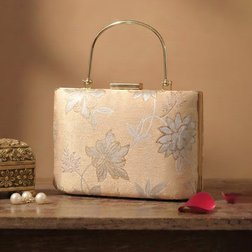 Artklim Soft Champagne Gold Floral Embroidered Clutch