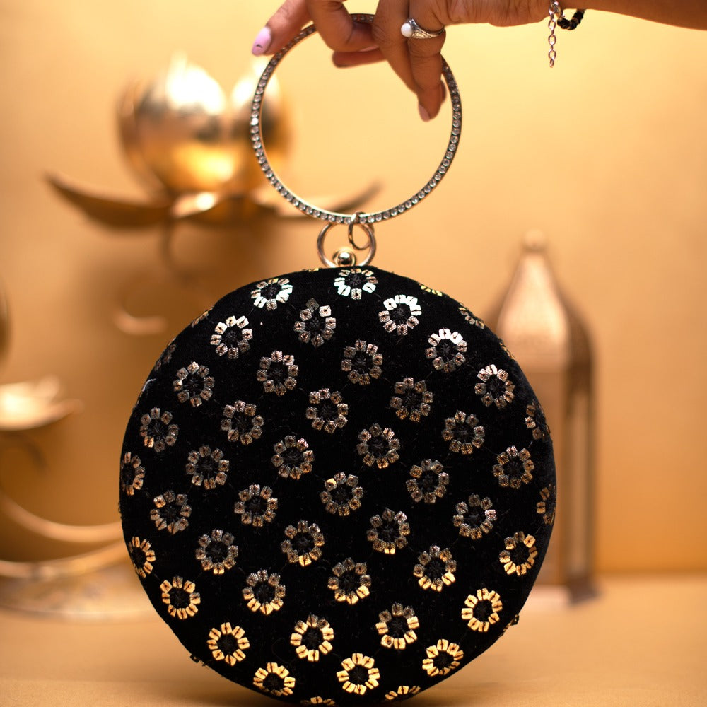 Black And Golden Embroidery Round Party Clutch