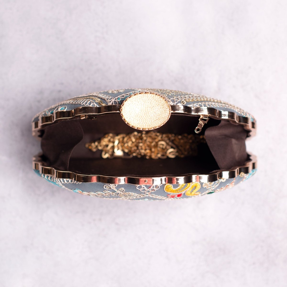 Artklim Grey Base Multicolored Threadwork Embroidery Clutch