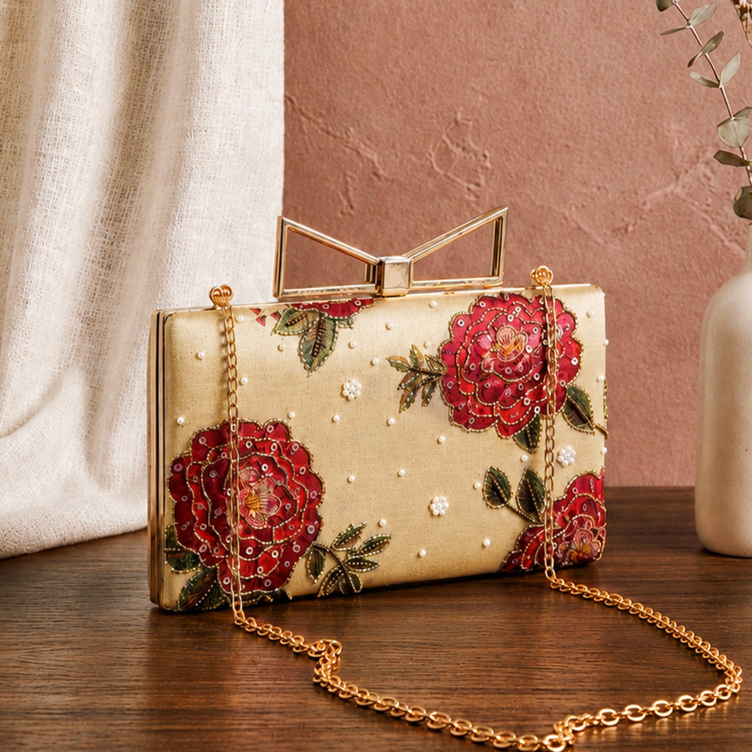 Artklim Printed Beige Red Rose Designer Clutch with Hand Embroidery