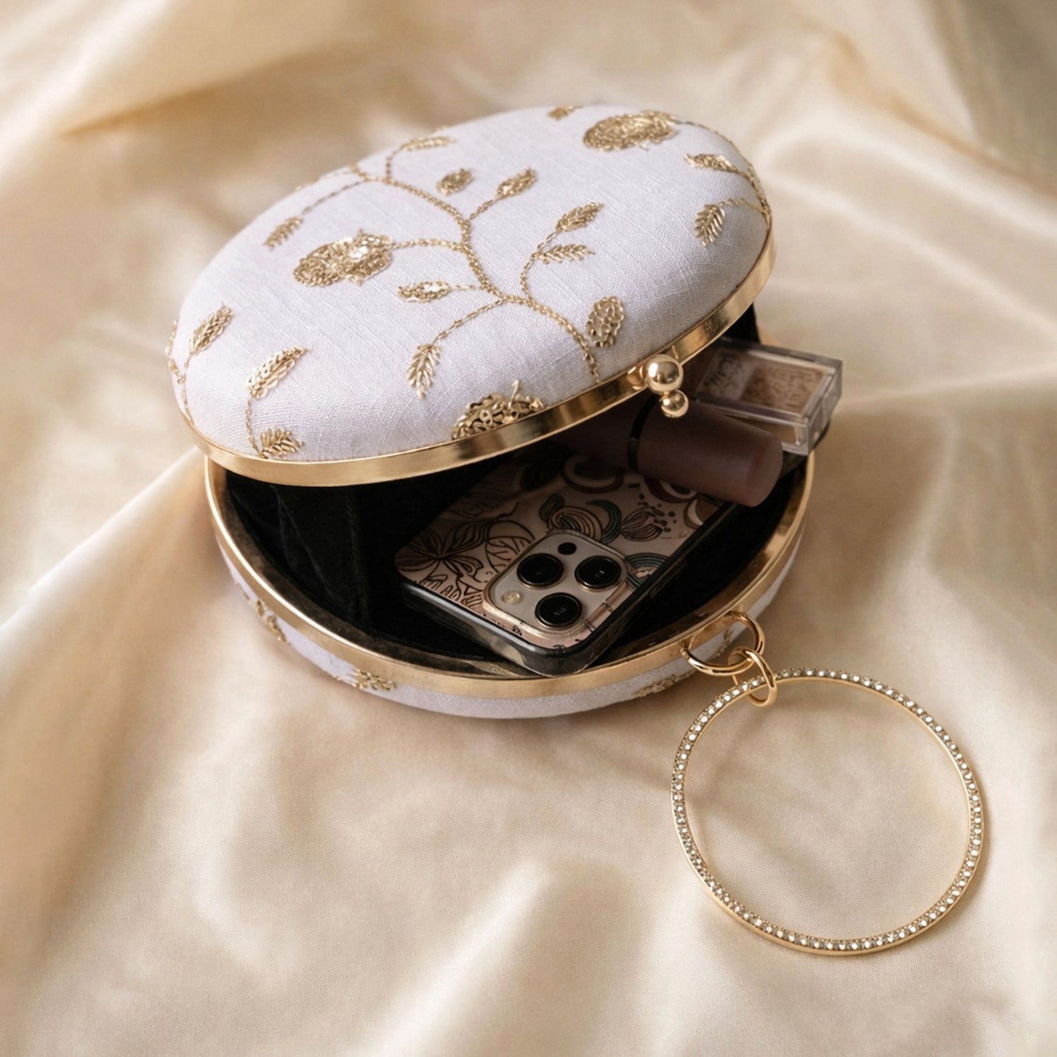 Artklim Ivory White Floral Round Clutch