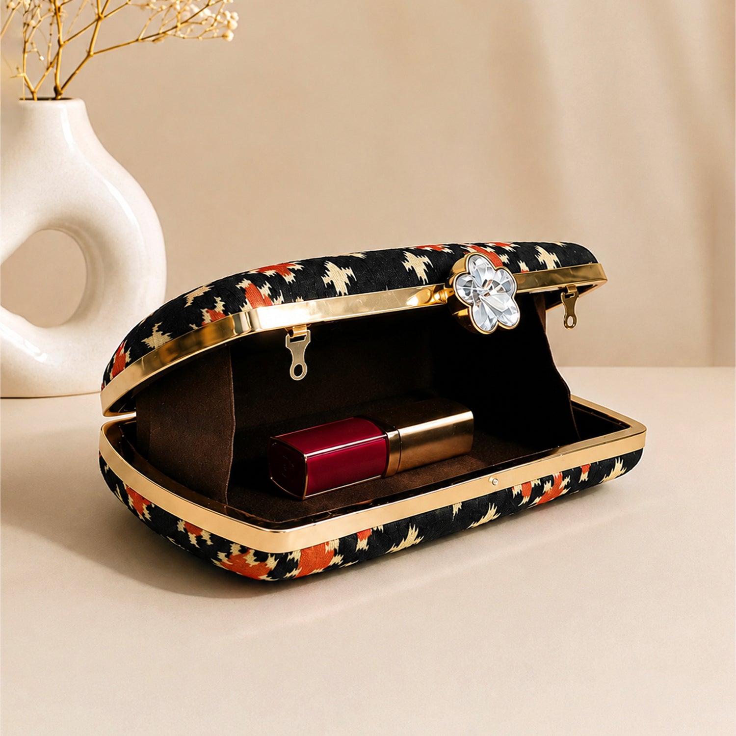 Artklim Black Rust Ethnic Geometric Pattern Printed Clutch
