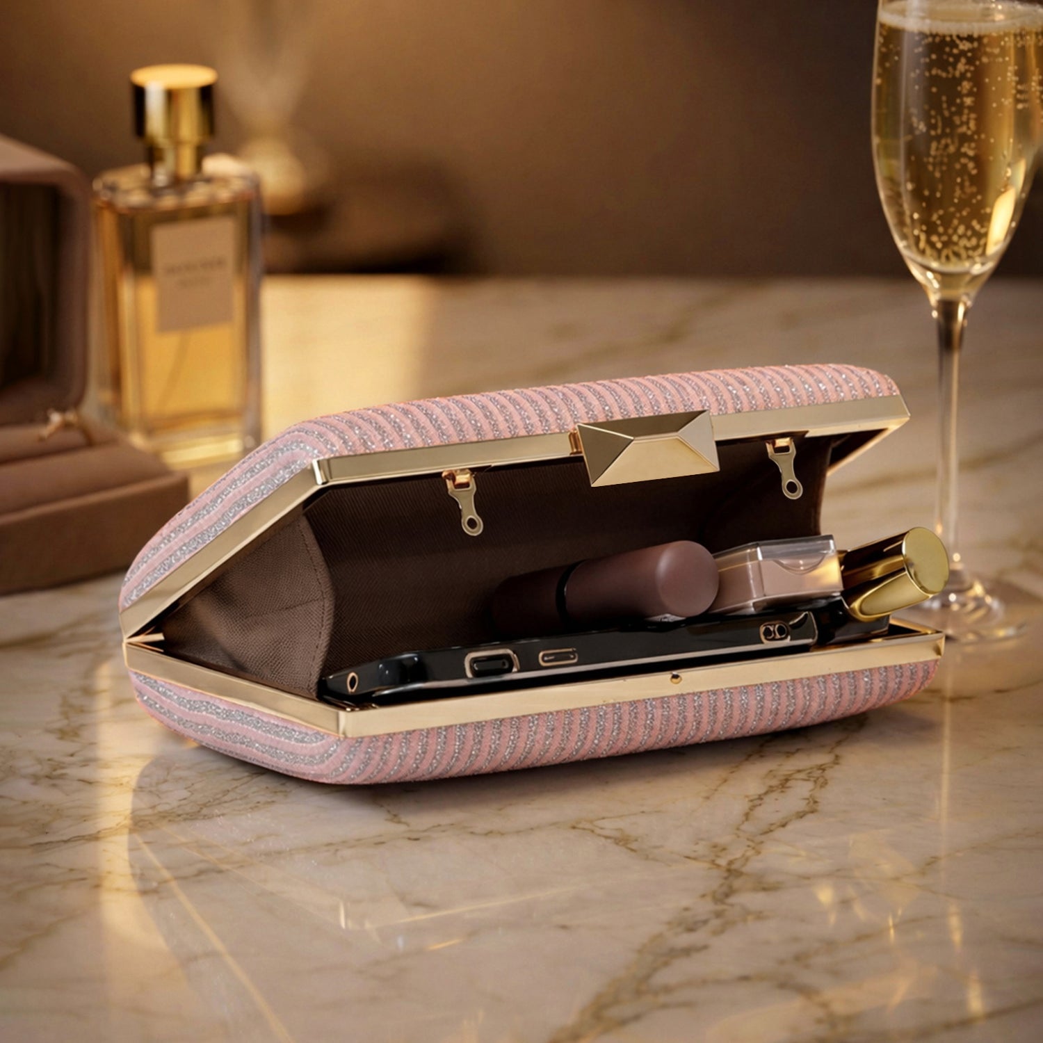Artklim Elegant Blush Pink Shimmer Striped Clutch